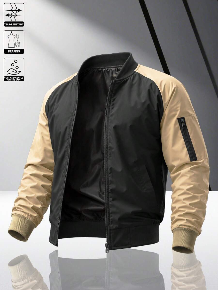 Men's Baseball Collar Raglan Patchwork Zip-Up Jacket, Long Sleeve Top, Durable Vintage Style Functional Casual Versatile All-Match Zip-Up Flight Jacket - Black - View 1