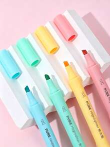 3pcs Macaron Pastel Fluorescent Markers, Large Capacity Oblique Tip Highlighter, Large Capacity Fine Tip Highlighter, Suitable For Coloring, Underlining, Highlighting, Journaling, Essential School Supplies - Multicolor - View 6