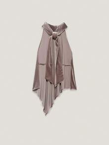 CAREE Women's Spring & Summer Dusty Rose Satin Cowl Neck Back Tie Halter Sleeveless Asymmetric Hem Loose Flowy Blouse Top - Rusty Rose - View 2