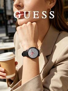 Guess Unisex Quartz Analog Wristwatch Black Leather Strap Geometric Monogram Pattern Dial Graphic Details For Business Casual And Sophisticated Daily Style - Black - View 5