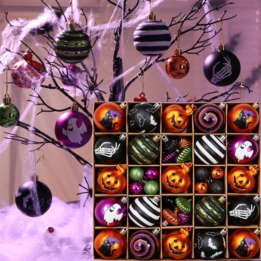 Halloween Hand Painted Ornament Balls Box Pack, Skeleton Hand Ghost Pumpkin Bat Printed Round Baubles, Multiple Irregular Special-Shaped Hanging Balls, Decor For Christmas Tree Party Window Home - View 1