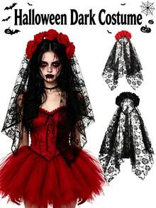 1pc Halloween Party Headband, Black Lace Mesh Rose Flower Headpiece, Day Of The Dead Dark Style Skull Floral Costume Prop - A - View 1