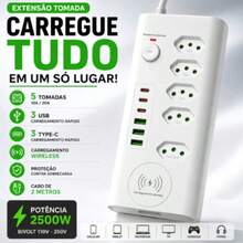 Régua de Tomadas 5 Entradas 20A com 3 USB e 3 USB Tipo C, Carregador Wireless por Indução, Filtro de Linha Bivolt, Cabo 2 Metros, Carregamento Rápido, Extensão Elétrica com Proteção Contra Sobrecarga, Ideal para Celular, Notebook, Computador, Monitor, TV, Videogame, Escritório, Home Office e Uso Residencial - Entrada do Brasil (220V) - Visão 1