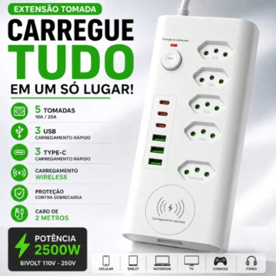Régua de Tomadas 5 Entradas 20A com 3 USB e 3 USB Tipo C, Carregador Wireless por Indução, Filtro de Linha Bivolt, Cabo 2 Metros, Carregamento Rápido, Extensão Elétrica com Proteção Contra Sobrecarga, Ideal para Celular, Notebook, Computador, Monitor, TV, Videogame, Escritório, Home Office e Uso Residencial - Entrada do Brasil (220V) - Visão 1