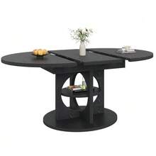 Extendable Dining Table With Storage, 110–150 Cm, Wood/Black Finish, Max Load 60 Kg, Round To Oval - 黑色 - 查看 1