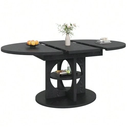 Extendable Dining Table With Storage, 110–150 Cm, Wood/Black Finish, Max Load 60 Kg, Round To Oval - 黑色 - 查看 1