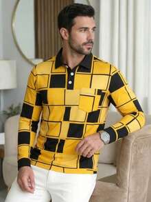 Men's Casual Pocket Long Sleeve Polo Shirt - Multicolor - View 1