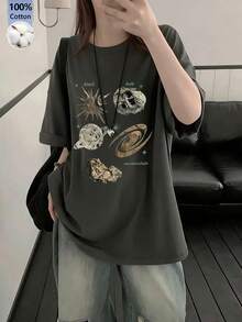 女款時尚春夏寬鬆圓領休閒百搭卡通字母星空印花短袖T恤 - 深灰色 - 查看 4