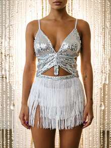 Sequin Crop Top With Multi-Layer Fringe Hip Scarf, Y2K Music Festival Party Waist Skirt 2 Pieces Set (Multiple Colors Available) - Multicolor - View 5