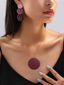 European & American Cross-Border Minimalist New French Round Disc Earrings & Necklace Set, Macaron Color Korean Style Ethereal Sweet Cool Geometric Versatile Creative Patchwork INS Fashion Personalized Elegant Jewelry Set - Deep Magenta - View 10