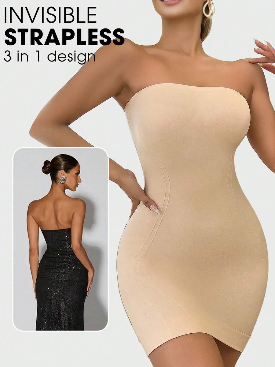 Seamless Strapless Bodycon Shapewear Dress For Women, Non-Slip Push-Up Bust, Strong Tummy Control, Butt Lift, Slimming Tight-Fitting Base Dress, 1pc - Apricot - View 1