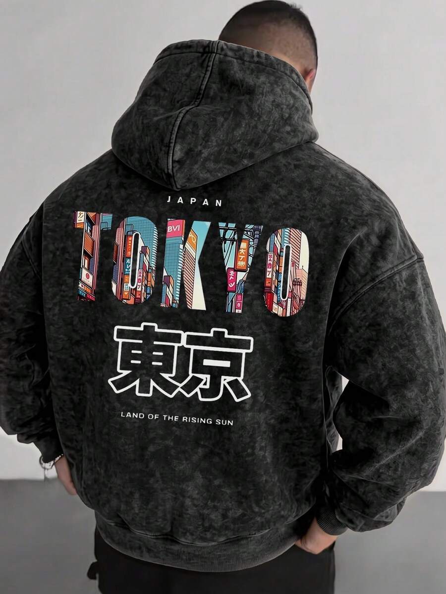 男士黑色灰色水洗紮染 TOKYO 都市街景插圖日文漢字印花寬鬆連帽衛衣，袋鼠口袋抽繩運動衫