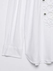 Women's White Polyester Long Sleeve Stand Collar Shirt, Decorated With Rivet Double Buttons, Regular Length, Medium Stretch Casual Top - White - View 4