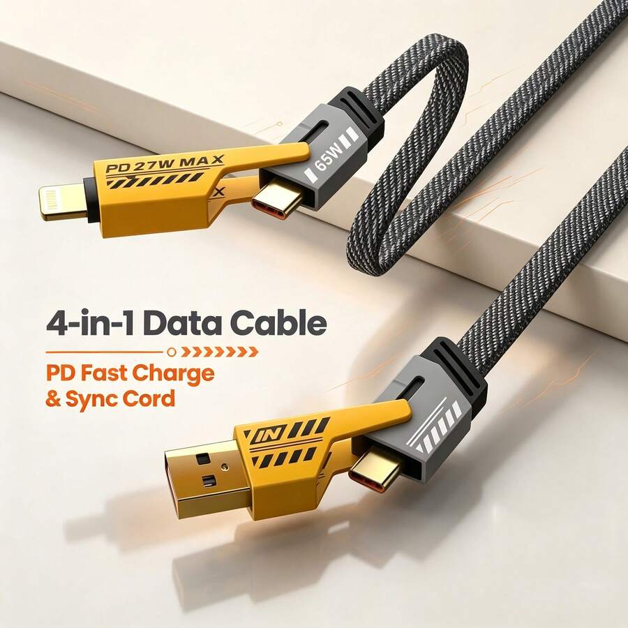 4-In-1 USB-C Charging Data Cable, Multi-Function Fast Charging Cable Compatible With Phone 17/16/15/14/13/12/11/XS/XR/8/7/6/ All Series, Car Fast Charging Cable - Black - View 1