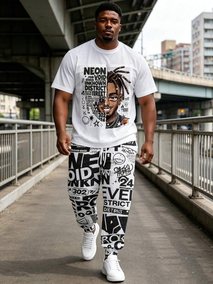 Plus Size Men's 2-Piece Set, Men's Long Pants, Graphic T-Shirt, Streetwear Series "NEON DISTRICT Newspaper Style Collage Portrait Graffiti Print" Pattern Outfit - Polyester Fabric, Drawstring, Pockets, Suitable For Plus Size Body - Multicolor - View 1