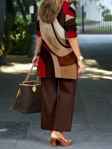Plus Size Women's Fashion Printed Elegant 3 Pieces Set - Mocha Brown - View 2