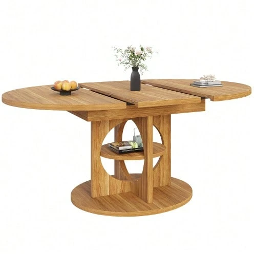 Extendable Dining Table With Storage, 110–150 Cm, Wood/Black Finish, Max Load 60 Kg, Round To Oval - 棕色 - 查看 1