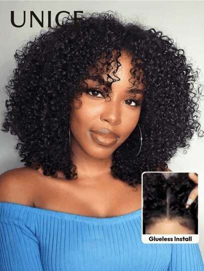 Peluca de encaje 7x5 Bye Bye Slip sin pegamento, peluca negra rizada kinky con cabello de bebé 4C, peluca con cordón, encaje frontal pre-blanqueado, pre-depilado y pre-cortado, peluca de uso real Go Wigs, línea de cabello de aspecto natural, 100% cabello humano, pelucas para mujeres Unice Hair