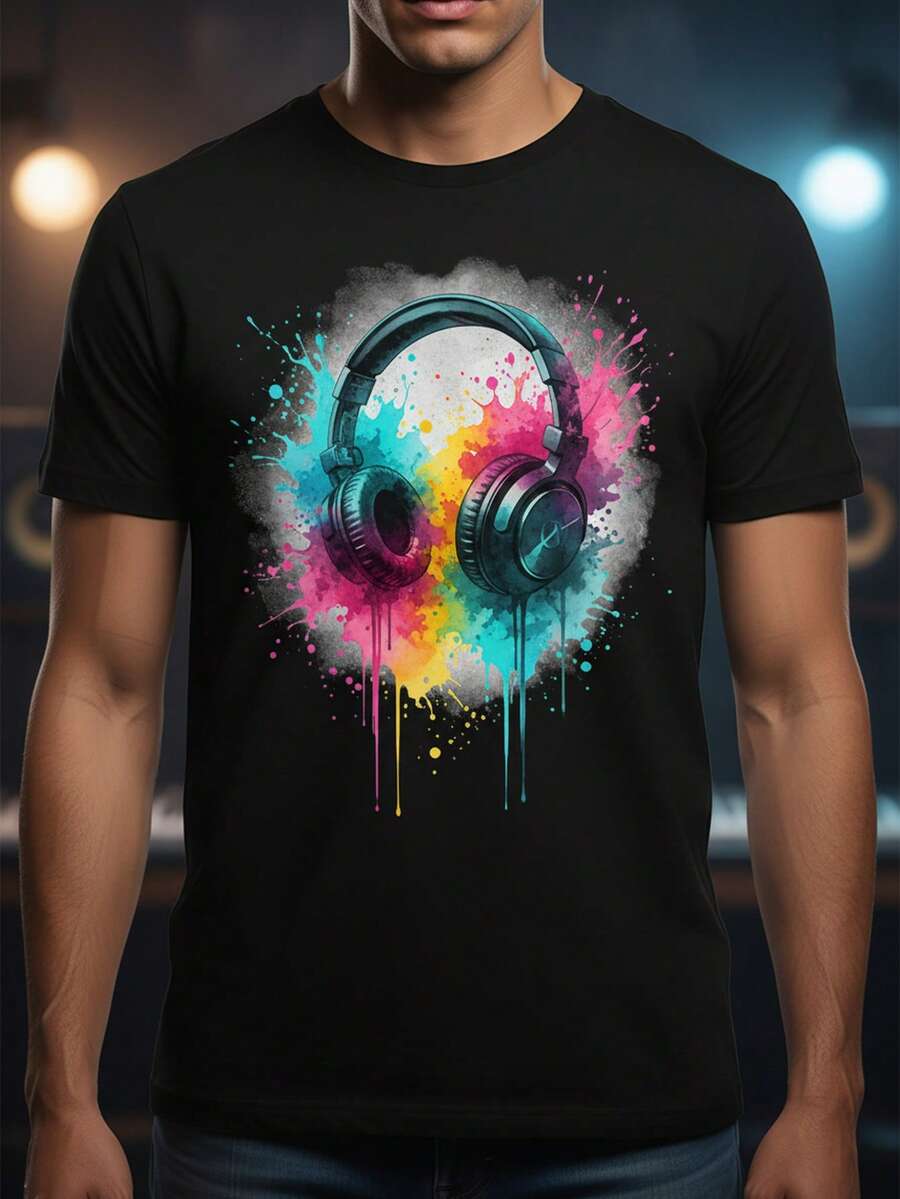 T-Shirt With DJ Headphones And Neon Lights Design - T-Shirt With A Music Production Theme And Watercolor Sound Wave Pattern, Suitable - 黑色 - 查看 1