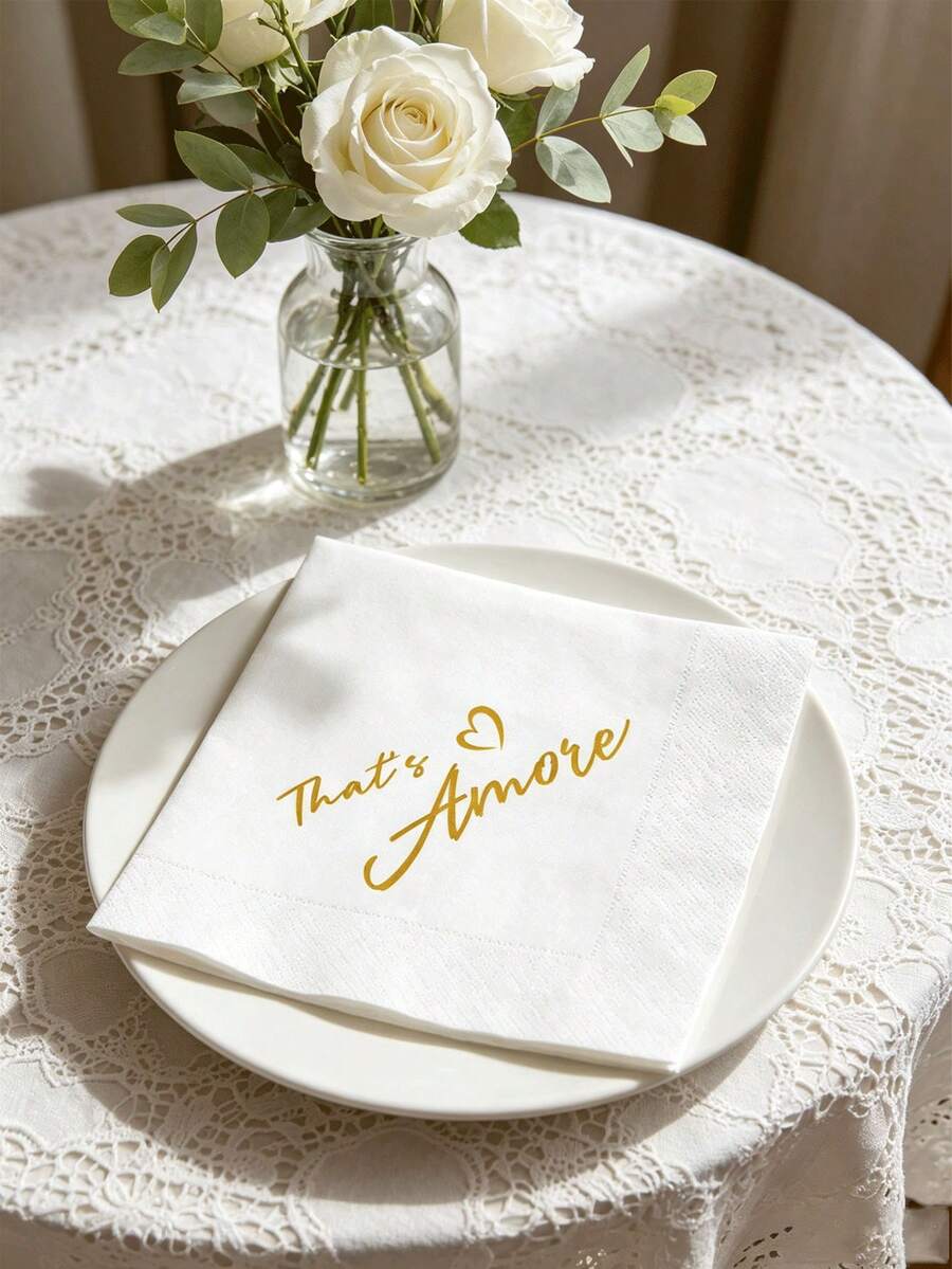 40/20/1pc Elegant That's Amore Gold Text Disposable Paper Napkins, 5x5 Inch Placemats, Highly Absorbent Cocktail Coasters, Suitable For Sunny Morning Garden Engagement Picnic, Exquisite Vintage Style Anniversary Dinner - Multiple Styles - View 1