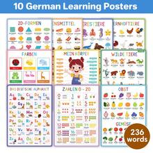 10pcs A4 German Educational Learning Posters, Suitable For Children, Including German Alphabet, Numbers, Colors, Body, Animals, Food Charts, Applicable For Kindergarten, Home Learning, Classroom German Vocabulary Wall Posters - Multicolor - View 3
