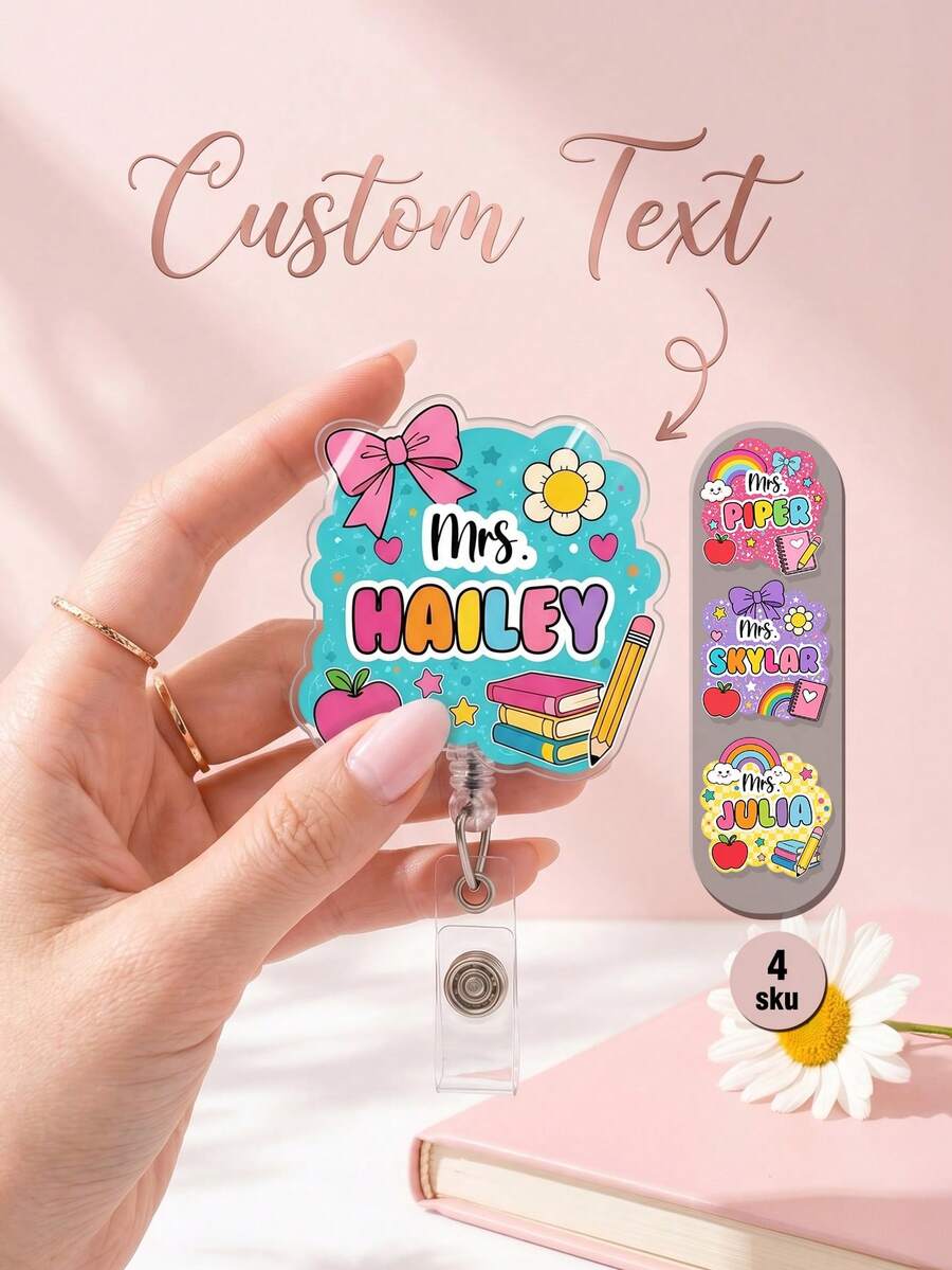 1pc Personalized Teacher Badge Reel, Custom Name Acrylic ID Holder, Cute Rainbow Badge Clip, Back To School Gift, Teacher Work Accessory,Work Name Tag - Multicolor - View 1