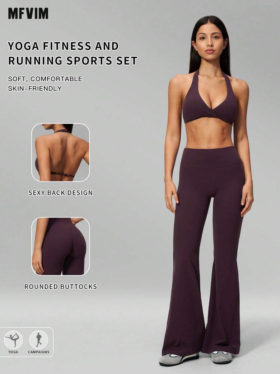 MFVIM Halter Neck Backless Sports Bra, High Waist Butt Lifting Flared Wide Leg Yoga Pants For Women