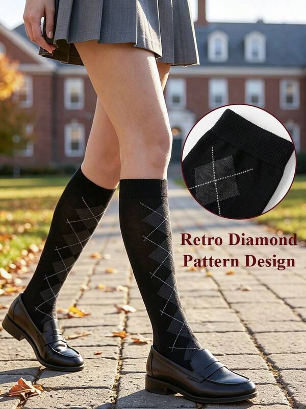 Black Fine Silver Rhombus Mid-Calf Socks, Vintage British Academy Style, High Elastic Ribbed Slimming Versatile JK Knit Mid-Calf Socks