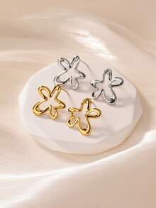 1Pair/1Set Irregular Hollow Flower Earrings, 18K Gold Plated Stud Earrings, Minimalist Abstract Women Jewelry For Daily Dating Party Gifts - Multicolor - View 9