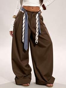 (No Belt Included) Brown High-Waist Draped Wide-Leg Suit Pants For Women, Vintage Cuffed Floor-Length Straight Leg Casual Trousers, Loose Slimming Commuter Versatile Long Pants - Brown - View 2