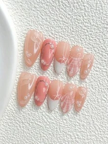 10片溫柔極簡風手工穿戴甲，Polygel美甲套組，珍珠海星圖案，粉色與白色甲色，島嶼風，含美甲工具，3種尺寸可選，杏仁/鴨嘴/棺材形，適合派對、跳舞、日常配戴 - 彩色 - 查看 19
