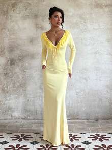 Women's Autumn Yellow Dress With Ruffle Tie Long Sleeve Slim Fit Elegant Dress For Party And Back To School Season - Yellow - View 4