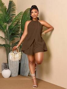 BIUBIU Women's Fashion Plus Size Brown Pleated Short Jumpsuit, Sleeveless Round Neck Tie Back, Woven Fabric, Suitable For Autumn Wear Summer - Brown - View 3