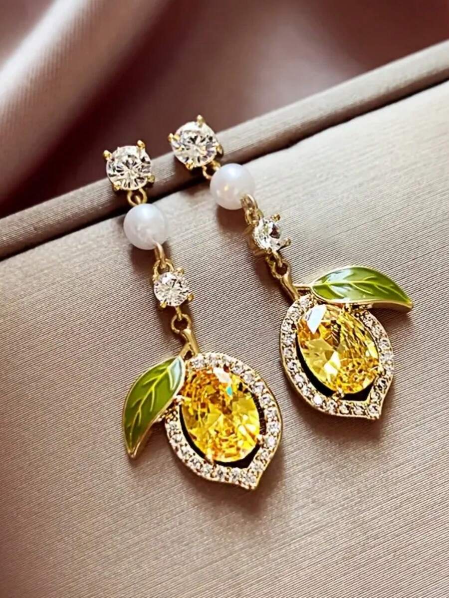 1 par de pendientes de botón dulces y lindos con diseño de limón, estilo fresco de verano, joyería de la serie de frutas, adecuado para uso diario y regalo - A - Ver 1
