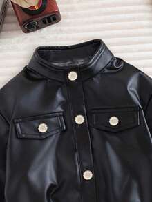 Baby Girl Autumn Black Motorcycle Jacket With Stand Collar And Metal Buttons, Cool And Cute Solid Color Outerwear For Daily Winter Wear - Black - View 3