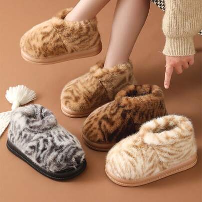 Multi-Color Leopard Print Soft Warm Windproof Fur Trim Fur Lined Women's Fashion Cute Slippers Boots For Home Office Vacation Winter High-Top Snow Boots