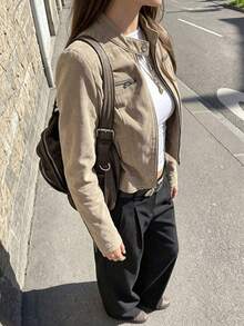 Jaket Pendek Wanita Kerah Tegak dengan Banyak Resleting untuk Liburan - Khaki - View 3