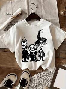 Camiseta de manga corta para mujer con temática de Halloween, estampado gráfico de Jack Skellington y Sally - Cuello redondo casual, ajuste cómodo, diseño clásico, perfecta para ropa casual, - Blanco - Ver 1