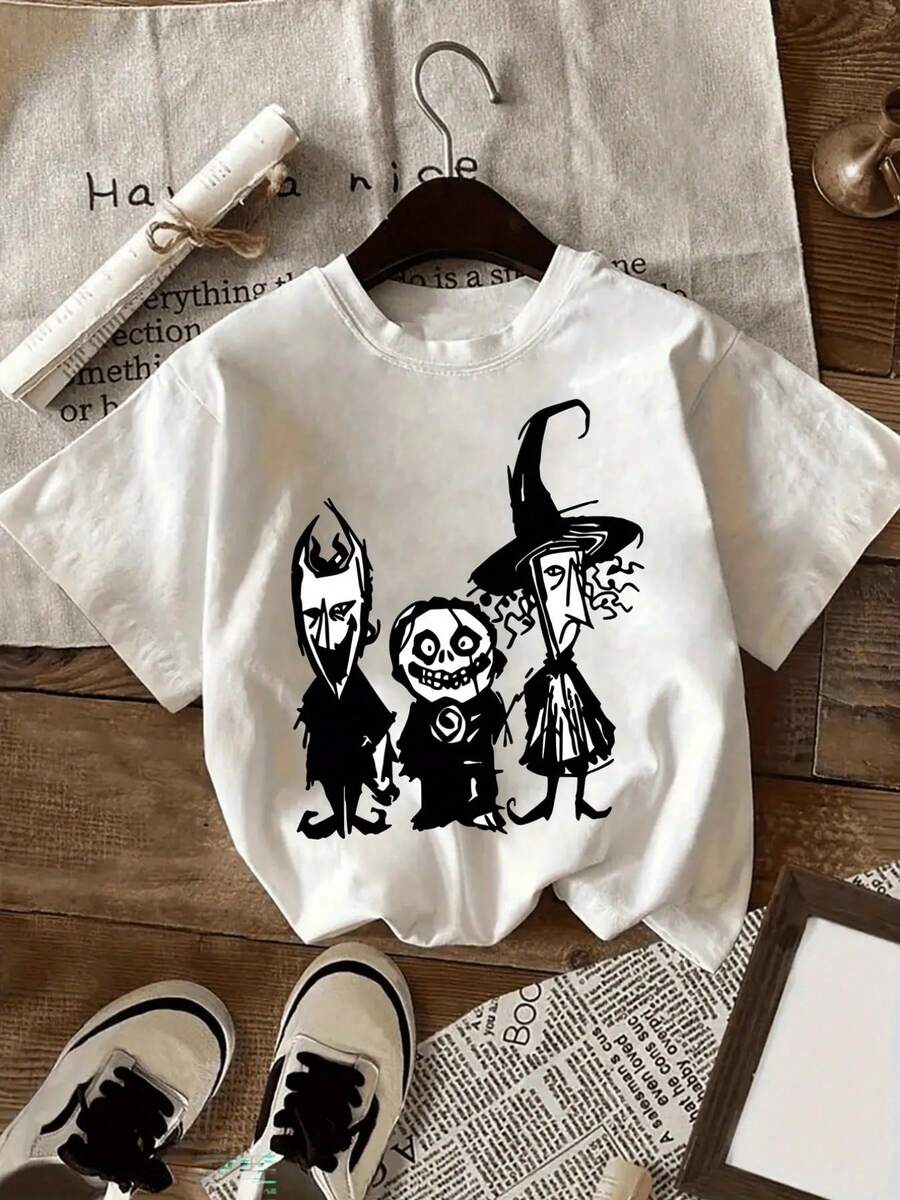 Camiseta de manga corta para mujer con temática de Halloween, estampado gráfico de Jack Skellington y Sally - Cuello redondo casual, ajuste cómodo, diseño clásico, perfecta para ropa casual, - Blanco - Ver 1