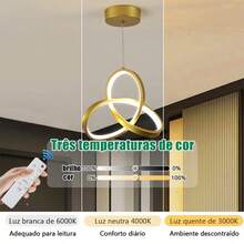 Luminária Pendente Led Lustre Sala Design moderno Estilo Nórdico 3 Cores de Luz Com controle remotoBivolt Altura ajustável Econômica LED Integrado Para Sala Quarto Cozinha Corredor Varanda - Dourado - Visão 5