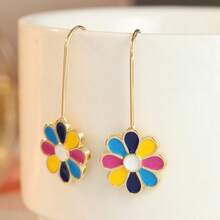 Women's Drip Oil Daisy Pendant Earrings, Colorful Petal Ear Drops - Gold - View 3