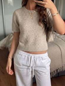 Solid Color Ribbed Knit Top, Casual Wear For Spring & Summer - Khaki - View 2