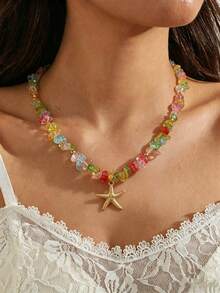 1 pieza Collar con colgante de estrella de mar de cuentas irregulares de colores, joyería bohemia de playa y océano para vacaciones, para mujer, verano, viajes, fiestas & uso diario - Multicolor - Ver 1