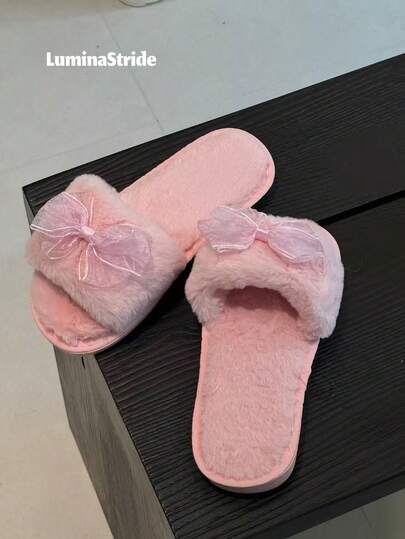 여성용 핑크 플러시 슬립온 슬리퍼, 글리터 메쉬 리본 장식 오픈 토 플러피 실내 슬리퍼, 스위트 프린세스 스타일 따뜻한 플랫 슬리퍼, 여성용 소프트 핑크 부드러운 홈 슬리퍼, 반짝이는 글리터 메쉬 리본, 인조 토끼 털 오픈 토 귀여운 캐주얼 침실 슬리퍼
