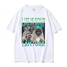 T-Shirt Printed With Fun Designs Of Raccoons And Emojis, Designed With The Message "Life Is Soup, I'm The Fork," A Suitable Gift For Both - 白色 - 查看 1