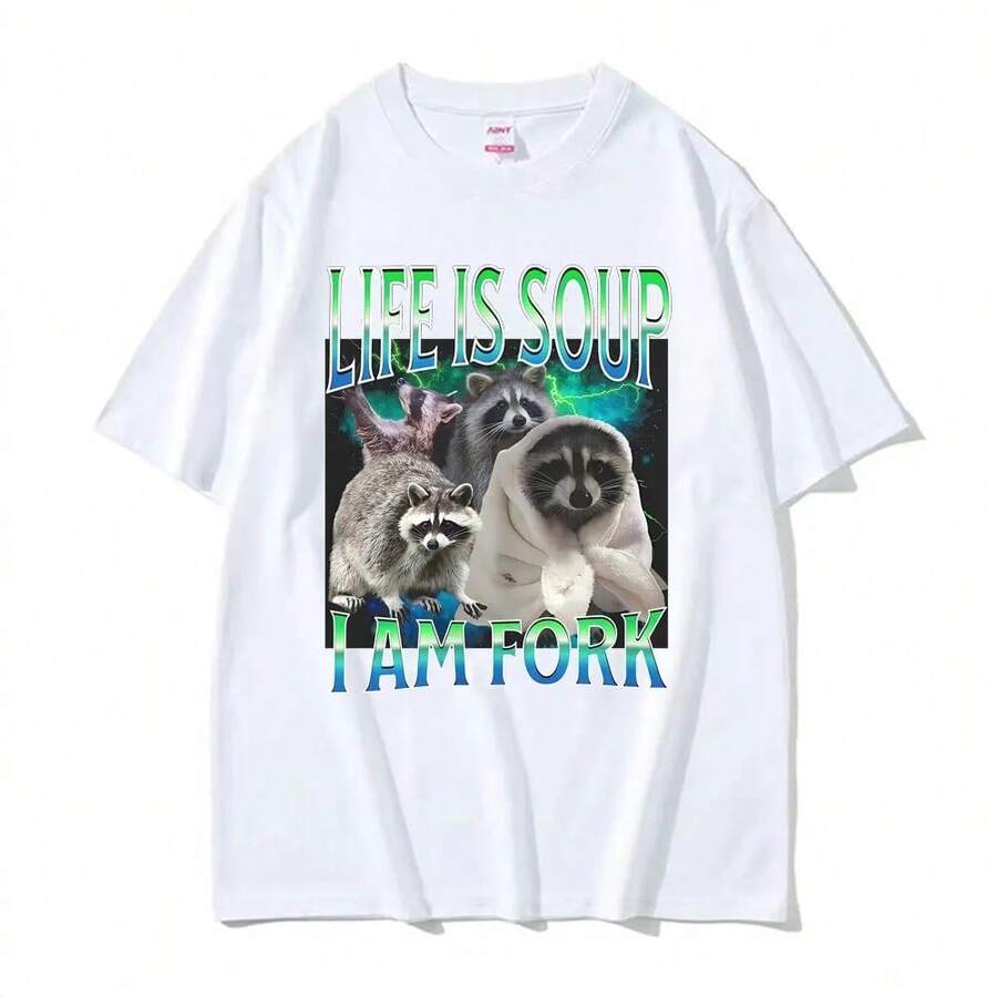 T-Shirt Printed With Fun Designs Of Raccoons And Emojis, Designed With The Message "Life Is Soup, I'm The Fork," A Suitable Gift For Both - 白色 - 查看 1