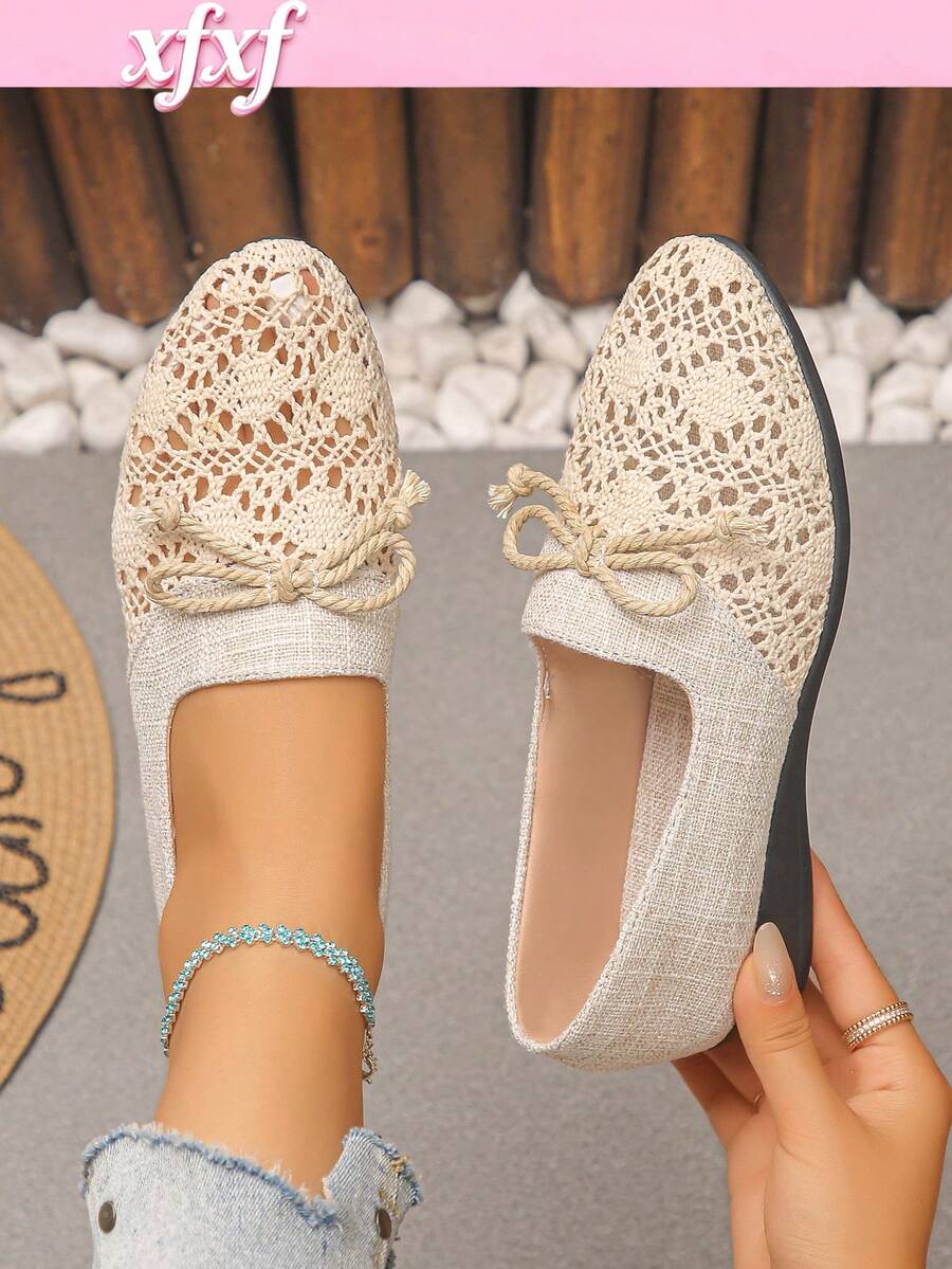 Women's Hollowed Out Spliced Bow Fashionable And Comfortable Loafers, Suitable For Daily Commuting/Shoing/Outdoor Travel. - Beige - View 1