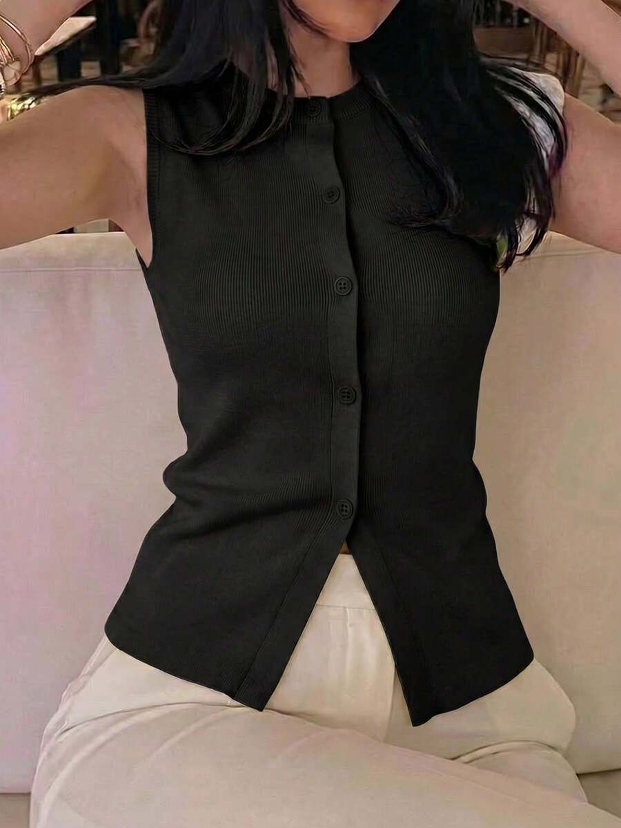 女款無袖休閒針織上衣,鈕扣設計,時尚優雅,適合夏季工作、日常穿著與外出必備 - 黑色 - 查看 1