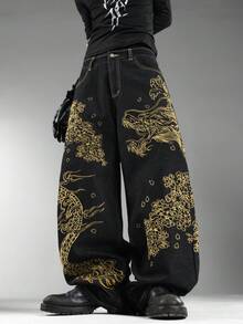男士黑色牛仔褲，前後龍圖騰刺繡，復古香港街頭風，四季百搭寬腿褲（不含腰帶與配件） - 黑色 - 查看 3