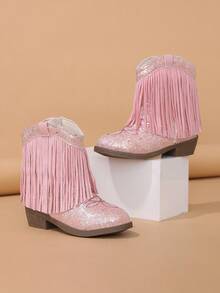 NILOSH Girls' Shiny Pink Tassel Embroidered Western Boots, Side Zipper, Round Toe Low Chunky Heel - Pink - View 9